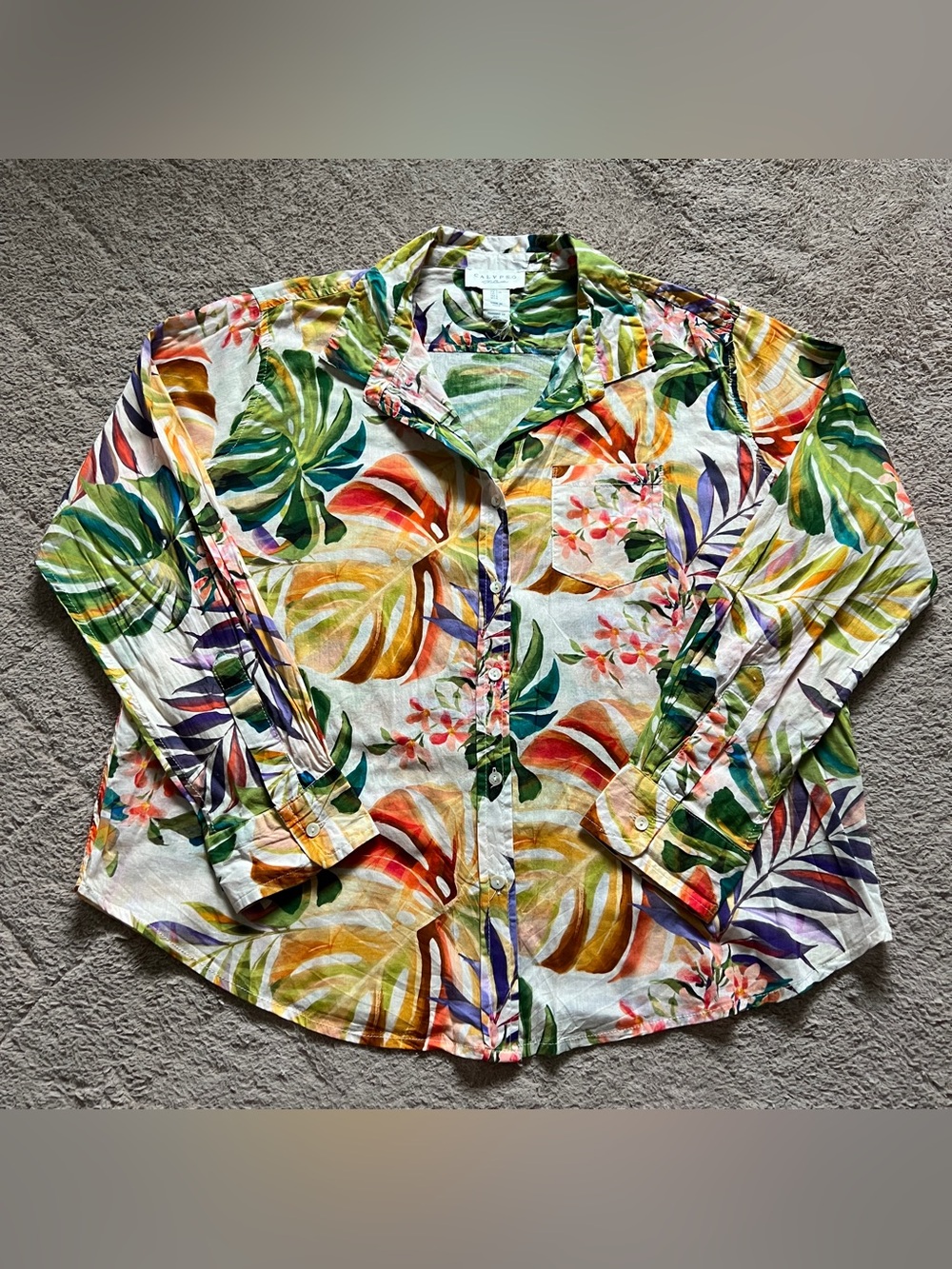 Calypso St. Barth Floral Hawaiian Cotton Blouse Cottage Old Money Vacation Sz L